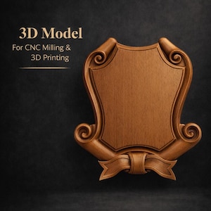 Puede incluir: Modelo 3D detallado de una placa de madera con detalles de volutas y cintas. La placa es de color marrón cálido y está diseñada para fresado CNC e impresión 3D. El texto "3D Model" y "For CNC Milling & 3D Printing" son visibles.