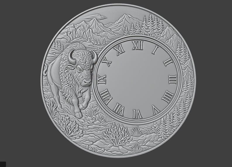 Bison Clock STL File | 3D CNC Relief Model | Wood Carving Digital Download image 3
