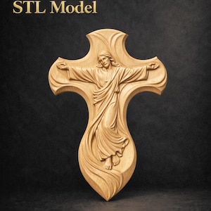 May include: A wooden cross with a carved figure of Jesus Christ, arms outstretched. The cross is light brown, with the text "STL Model" in gold lettering at the top. The background is dark.