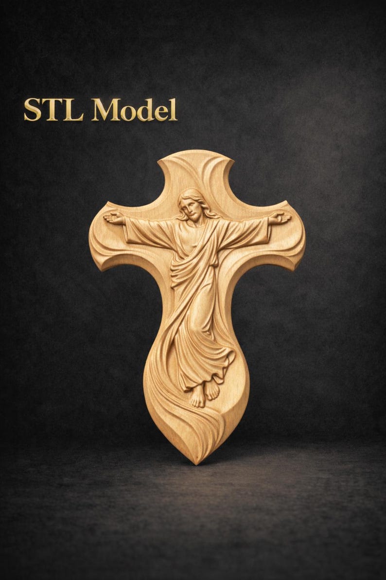 May include: A wooden cross with a carved figure of Jesus Christ, arms outstretched. The cross is light brown, with the text "STL Model" in gold lettering at the top. The background is dark.
