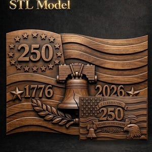 May include: A wooden relief sculpture depicting the Liberty Bell, stars, and the dates 1776 and 2026. The number 250 is featured, alongside the text "Celebrating 250 Years of Freedom". The sculpture is a patriotic design, with a dark wood finish.