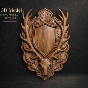 May include: A detailed wooden wall decor piece featuring a deer skull with antlers, surrounded by carved leaves and a central shield shape. The text "3D Model" and "For CNC Milling & D Printing" is visible.