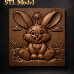 May include: A wooden panel carved with a smiling cartoon rabbit, large ears, and a grassy scene with a sun and clouds. The text "STL Model" is displayed in gold lettering at the top.