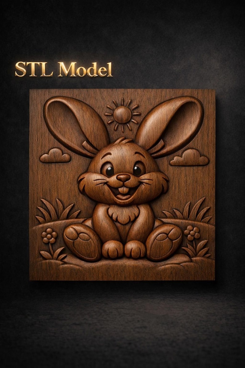 May include: A carved wooden panel featuring a smiling cartoon bunny with large ears, sitting in a grassy scene with a sun and clouds. The text "STL Model" is displayed in gold lettering at the top.