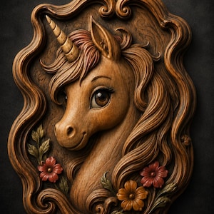 May include: Wooden relief carving of a unicorn head with a detailed mane, horn, and floral accents. The carving is framed with a decorative border and features the text "STL Model" at the top. The unicorn has a friendly expression.
