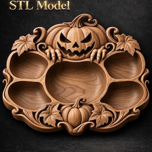 Puede incluir: Una bandeja de madera con cinco compartimentos tallados y un cuenco central. El diseño incluye una calabaza tallada con manos con garras en la parte superior, una calabaza más pequeña en la parte inferior y hojas decorativas. El texto STL Model es visible.