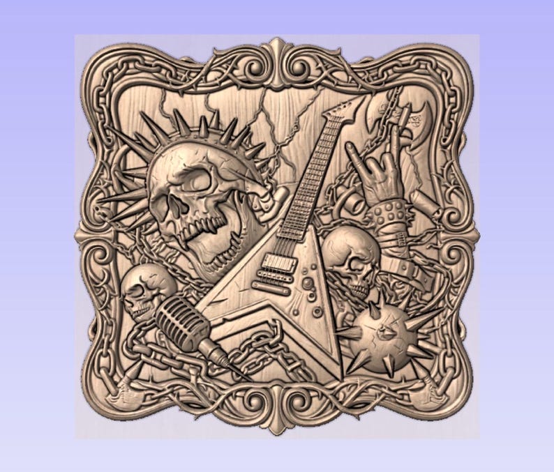 Skull Guitar 3D Relief STL | CNC Wood Carving Model, Rock Gothic Decor image 7