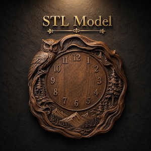 May include: A wooden clock featuring an owl and a forest landscape. The clock face displays numbers, with the text "STL Model" in gold. The clock is a warm brown colour, with a detailed carved design. The clock is a decorative item.