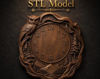 May include: A wooden clock featuring an owl and a forest landscape. The clock face displays numbers, with the text "STL Model" in gold. The clock is a warm brown colour, with a detailed carved design. The clock is a decorative item.