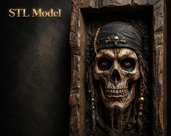 May include: A rectangular wooden frame containing a relief sculpture of a skull wearing a dark bandana with a small skull and crossbones emblem. The skull features braided hair with beads and glowing orange eyes. The text STL Model is visible.