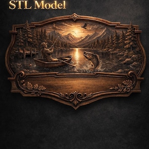 May include: Wooden plaque featuring a detailed relief carving of a fishing scene. The artwork shows a person in a boat, fishing in a lake with mountains in the background. The text "STL Model" is at the top.
