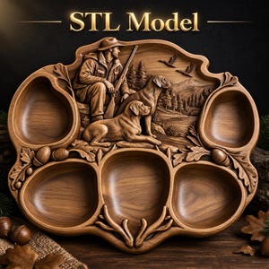 May include: A wooden serving tray featuring five carved compartments and a relief scene of a hunter with two dogs in a forest landscape. The top centre displays the text STL Model. The tray is decorated with carved oak leaves and acorns.