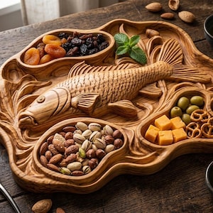 May include: Wooden serving tray with a carved fish design. The tray has multiple compartments filled with dried apricots, raisins, nuts, olives, cheese cubes, and pretzels. Includes nutcrackers and small bowls.