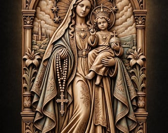 Puede incluir: Un relieve de madera con la etiqueta STL Model que muestra una figura coronada sosteniendo a un niño, también coronado, con un rosario y una cruz. La escena incluye motivos florales, un edificio lejano y un halo de estrellas.