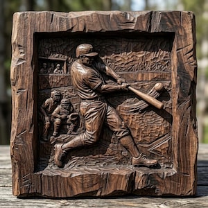 May include: A detailed, hand-carved wooden relief sculpture depicting a baseball player mid-swing. The brown artwork shows the batter, catcher, and spectators in the background. The wood has a rough, textured finish, and the carving captures the action of the game.