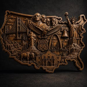 May include: A brown wooden wall plaque shaped like the United States map featuring carved reliefs of Mount Rushmore, the Statue of Liberty, the Golden Gate Bridge, the Gateway Arch, the Alamo, a buffalo, an eagle, and a Route 66 sign. Text reads STL Model.