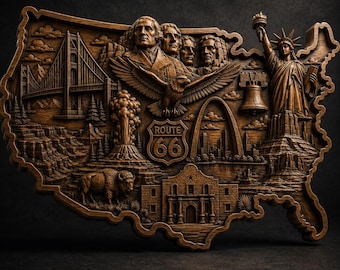 USA Map Landmarks CNC Relief STL Model 3D Print Wall Art