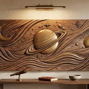 May include: A large, rectangular wooden wall art piece with a carved celestial design. The artwork features a golden Saturn with rings, a crescent moon, stars, and other planets. The piece is mounted above a wooden table.