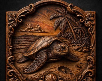 May include: A detailed wooden relief carving featuring a sea turtle on a beach with palm trees and ocean waves. The artwork is framed with ornate scrollwork and includes the text "STL Model" in gold lettering.