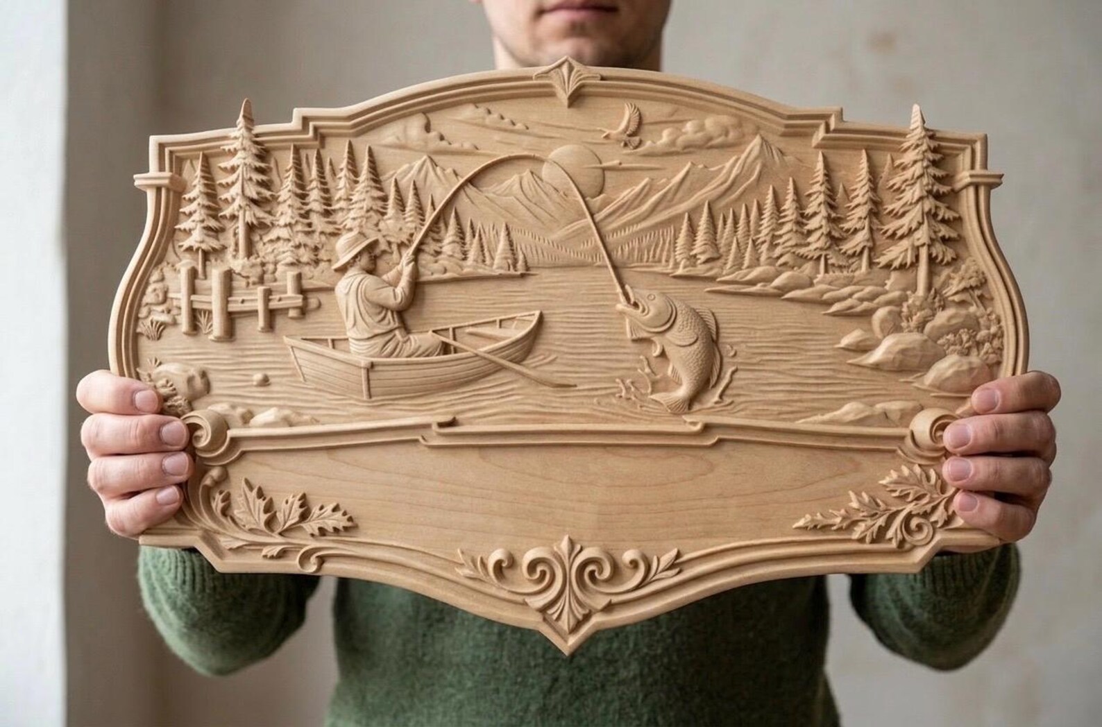 Fishing Lake Scene STL | Fisherman Catching Fish Relief | CNC Wood ...