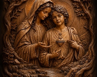 Könnte beinhalten: Braune Reliefskulptur, die zwei Figuren zeigt, eine mit Heiligenschein, in einer Umarmung. Das Kunstwerk zeigt detaillierte Kleidung, Haare und ein Herzsymbol. Der Text "STL MODEL" ist sichtbar.
