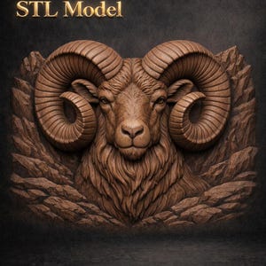 May include: A detailed brown ram sculpture with large, curved horns and a textured fur design. The ram is set against a dark background, with the text "STL Model" in gold lettering at the top. The sculpture is carved with intricate details.