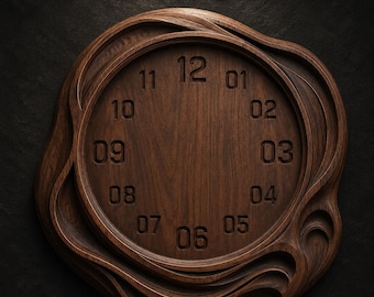 May include: A dark brown wooden clock with carved details and a unique, flowing design. The clock face features the numbers 1 through 12. The words "STL MODEL" are in gold lettering above the clock.