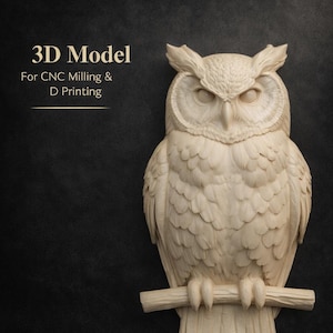 May include: A detailed 3D model of an owl, carved from light-colored wood, perched on a branch. The owl has textured feathers and a focused gaze. The image includes the text "3D Model" and "For CNC Milling & D Printing".
