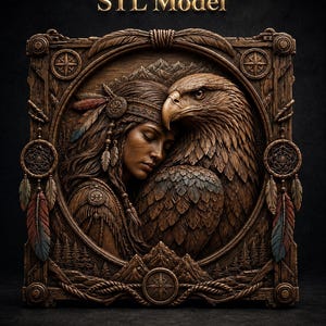 May include: A square brown wood-carved relief panel featuring the text STL Model at the top. The design depicts a person with a feathered headband resting their head against a large eagle, framed by dreamcatchers, compasses, and mountains.