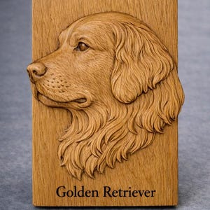 May include: A wooden plaque featuring a detailed relief carving of a Golden Retriever's head in profile. The dog's fur is intricately carved, and the text "Golden Retriever" is at the bottom. The wood has a warm, natural tone.