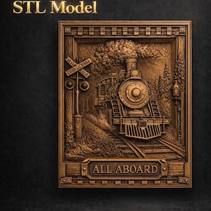 Puede incluir: Escultura en relieve de color bronce que representa un tren de vapor sobre vías, con el texto "ALL ABOARD" en la parte inferior. La imagen incluye una señal de paso a nivel y el texto "STL Model" en la parte superior.