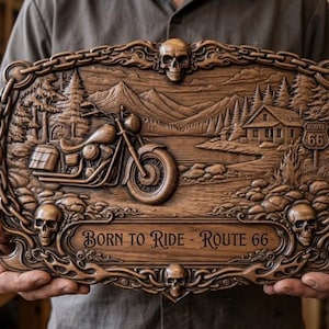 Puede incluir: Placa de madera marrón con una motocicleta tallada, un letrero de la Ruta 66, montañas y una casa. La placa está enmarcada con un diseño de cadena y calaveras. El texto "BORN TO RIDE - ROUTE 66" está tallado en la parte inferior.