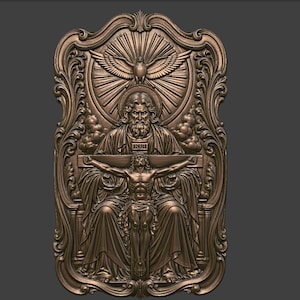 May include: A bronze-colored religious relief sculpture depicting a seated figure holding a cross with a crucified figure. Above, a dove and rays of light emanate from a circular design. The sculpture is framed by ornate, scrolling details.
