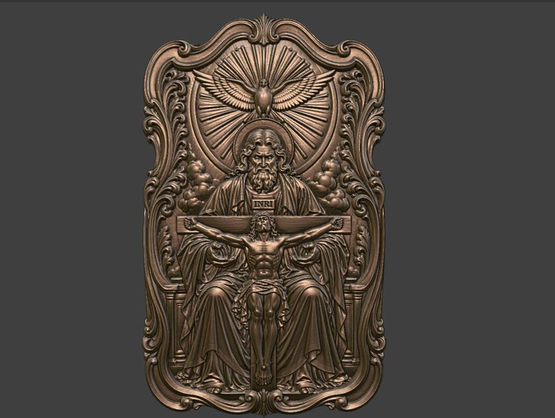 May include: A bronze-colored religious relief sculpture depicting a seated figure holding a cross with a crucified figure. Above, a dove and rays of light emanate from a circular design. The sculpture is framed by ornate, scrolling details.