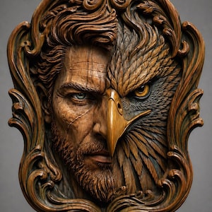 May include: A detailed wooden carving showing a man's face and an eagle's head, framed with ornate, swirling details. The man has a beard and a scar, while the eagle has sharp features and a focused gaze. The carving is in shades of brown.