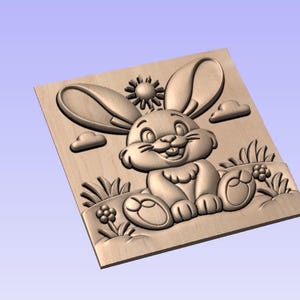May include: A wooden relief carving of a smiling bunny with large ears, a sun, clouds, and flowers. The bunny is sitting in a grassy area. The carving is in a light brown color.