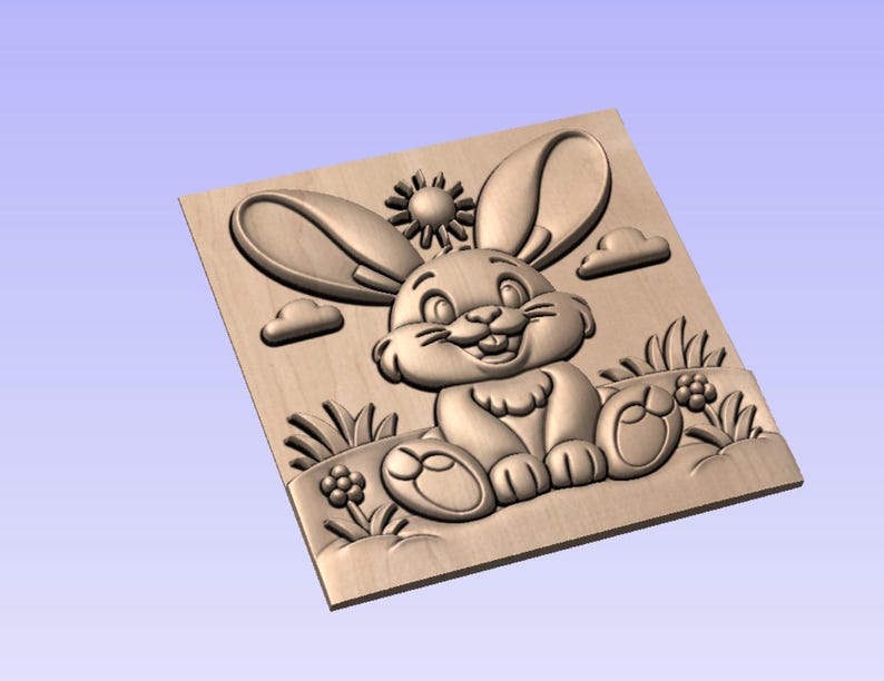 May include: A wooden relief carving of a smiling bunny with large ears, a sun, clouds, and flowers. The bunny is sitting in a grassy area. The carving is in a light brown color.