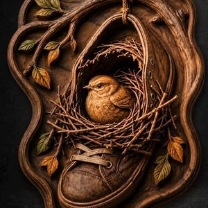 Könnte beinhalten: Detaillierte Holzschnitzerei mit einem Vogel in einem Nest in einem Schuh. Der braune Schuh enthält ein Nest aus Zweigen und einen kleinen Vogel. Die Schnitzerei umfasst Blätter und den Text "STL Model".