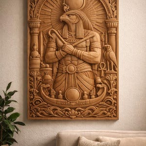 May include: A detailed wooden relief carving of the Egyptian god Ra, depicted with a falcon head, holding a staff, and wearing a headdress. The artwork features intricate details, including hieroglyphs and a boat, and is set against a sunburst background.