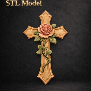 Può includere: Una croce di legno con un design intagliato di rosa e vite. La croce è marrone chiaro, la rosa è color pesca. Il testo "STL Model" è in oro in alto. Lo sfondo è scuro.