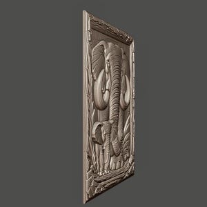 May include: A detailed, relief-carved wooden panel showing an adult elephant and a calf amongst foliage. The artwork is framed and features intricate details, showcasing the elephants' trunks, tusks, and textured skin. The panel is a warm, neutral tone.