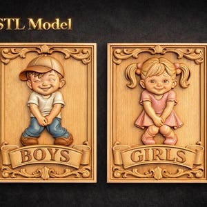 Boys Girls Toilet Sign STL | CNC Wood Carving Relief | Bathroom Door Sign 3D Model