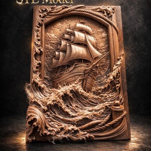 Puede incluir: Tallado en relieve de madera detallado de un barco de vela luchando contra olas tormentosas. La obra de arte está enmarcada con un borde decorativo y presenta el texto "STL Model". El tallado es en tonos marrones.