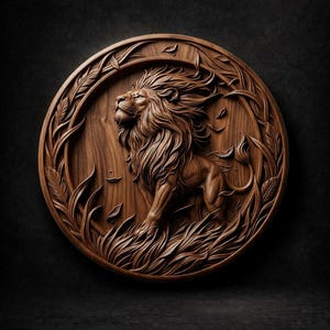 May include: A circular wooden carving of a lion, set within a frame of leaves and foliage. The lion has a detailed mane and is in a proud stance. The text "STL Model" is at the top. The carving is a deep brown colour.