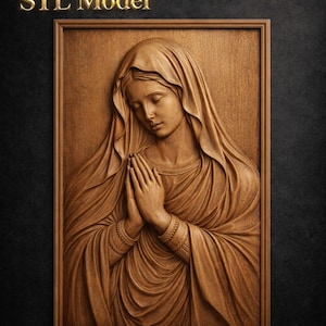 Könnte beinhalten: Holzreliefskulptur einer Frau mit gefalteten Händen im Gebet, die eine drapierte Kopfbedeckung und Gewänder trägt. Das Kunstwerk ist gerahmt und der Text "STL Model" steht oben.