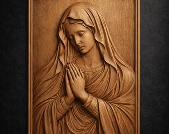 May include: A wooden relief sculpture of a woman with her hands clasped in prayer, wearing a draped head covering and robes. The artwork is framed and the text "STL Model" is at the top.