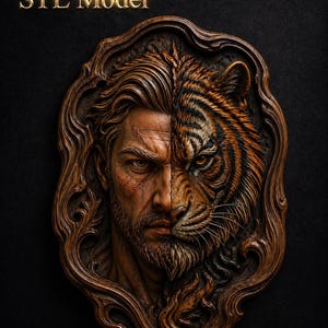 May include: A wooden relief sculpture featuring a man's face on one half and a tiger's face on the other. The sculpture is framed with ornate, swirling details. The text "STL Model" is in gold lettering at the top.