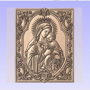 May include: A rectangular wooden wall plaque featuring a detailed relief carving of a figure holding a child. The central oval panel is surrounded by an ornate frame with floral and scrollwork motifs. The figures are depicted with halos.