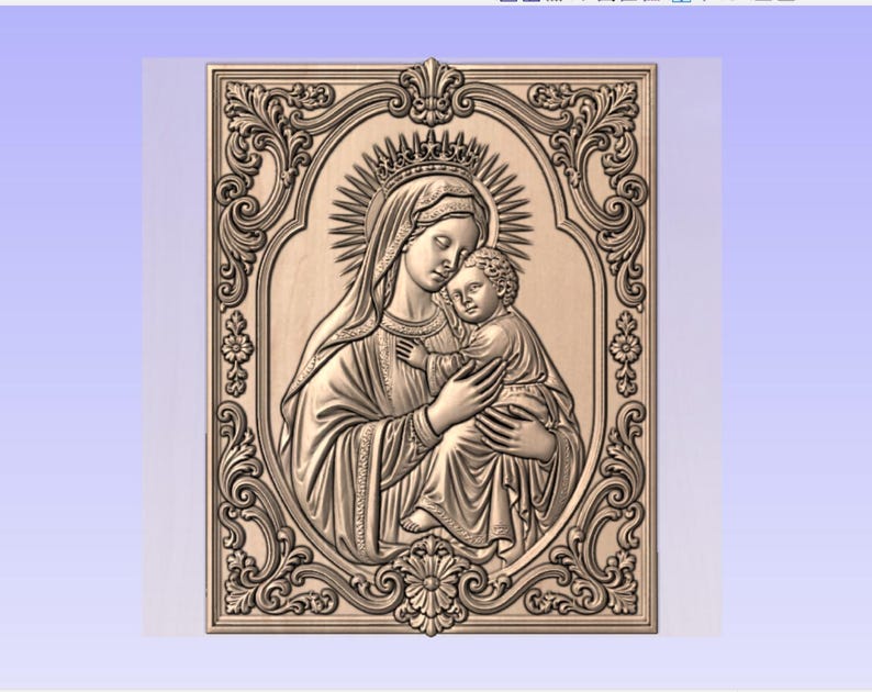 May include: A rectangular wooden wall plaque featuring a detailed relief carving of a figure holding a child. The central oval panel is surrounded by an ornate frame with floral and scrollwork motifs. The figures are depicted with halos.