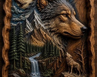 May include: A detailed wooden carving of a wolf's head and a howling wolf in a mountain landscape. The carving features a full moon, a waterfall, and evergreen trees. The color palette includes shades of brown, gray, and blue.
